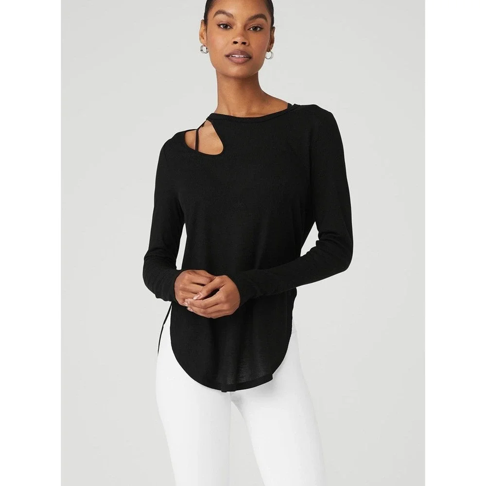 Alo Yoga Ribbed Peak Long Sleeve Cutout Top Black Crew Neck Curved Hem